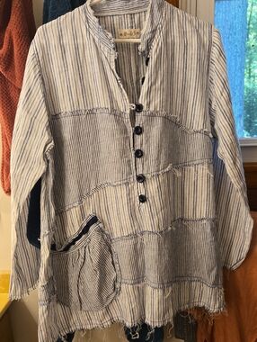 BODIL striped patchwork pocket tunic top blouse lagenlook linen blue XL art work